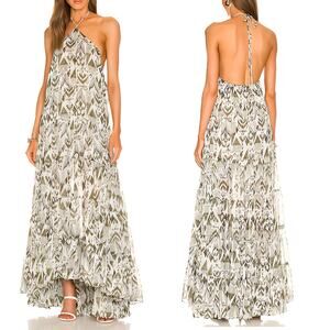 MISA Los Angeles Andromeda Halter Maxi Dress Spring Ikat White Olive Size M NWT